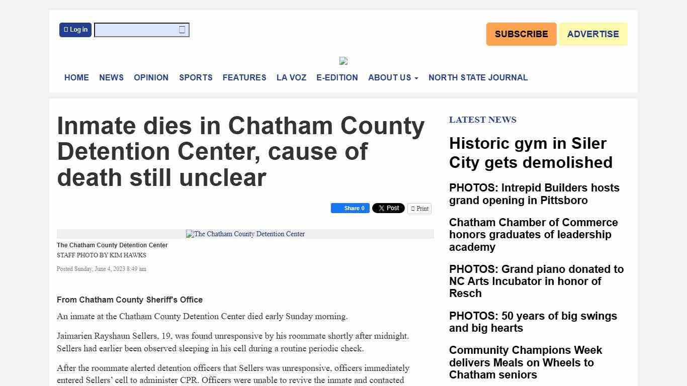 Inmate dies in Chatham County Detention Center, cause of death still unclear The Chatham News + Record